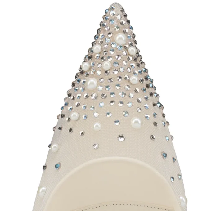 Miss Z Degrastrass Perla – 100 mm Topuklu Ayakkabı – File, Nappa Deri, Strass ve İnciler – Bianco – Kadın