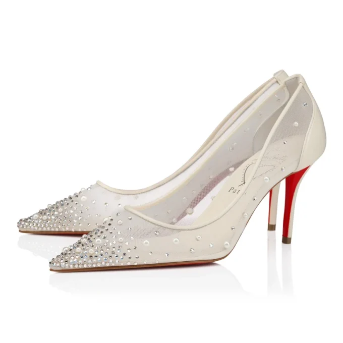 Miss Z Degrastrass Perla – 80 mm Topuklu Ayakkabı – File, Nappa Deri, Strass ve İnciler – Bianco – Kadın